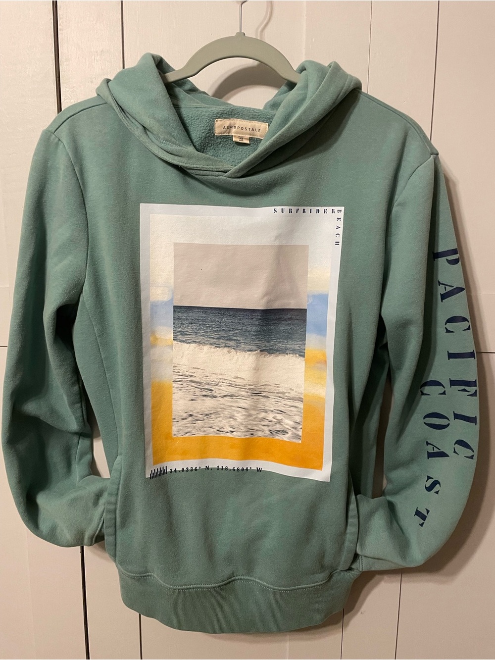 Aeropostale Sea Graphic Pullover Hoodie in Sage Green with Yellow Accents